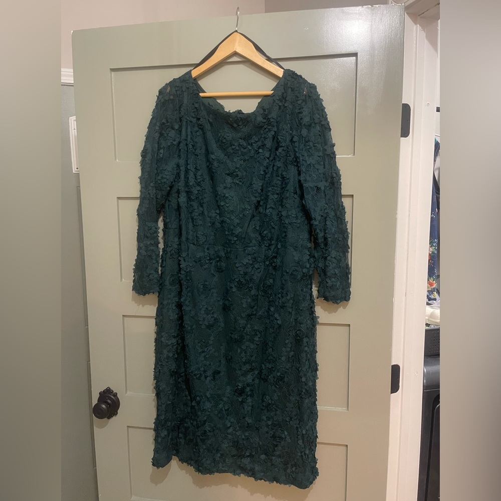 XSCAPE Womens Green Lined Long Sleeve Below The Knee Party Sheath Dress 4